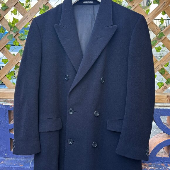 Holt Renfrew Made in England Double Breasted Navy Cashmere Overcoat Med - Large - Picture 3 of 16